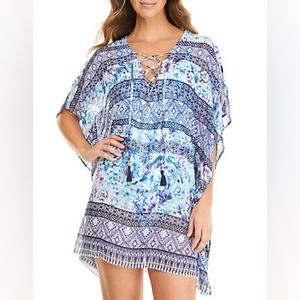 Tommy Bahama Aqua Petals Lace-Up Tunic Cover-Up S/M Small Medium